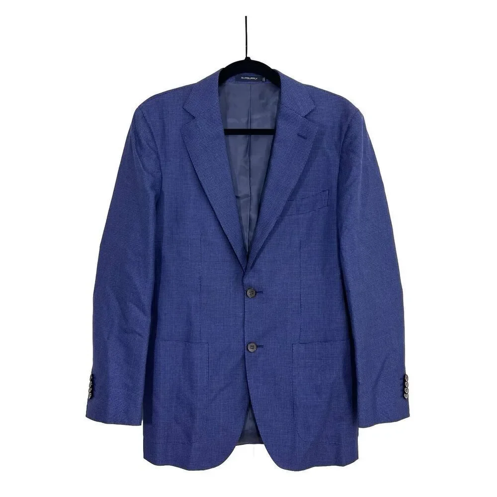 SUITSUPPLY Havana‎ Blazer Men’s 48 Slim Wool Silk Navy Blue Houndstooth Plaid